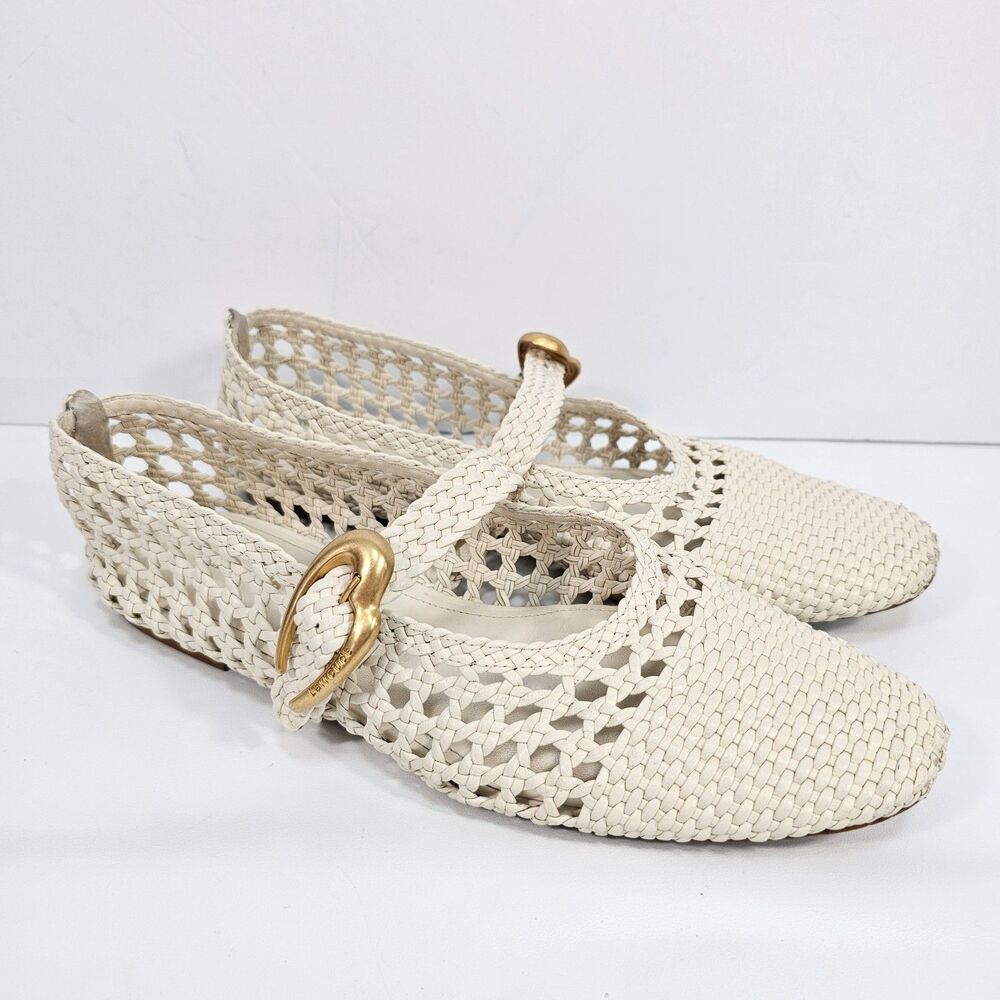 Larroude Verona Macrame Leather Ballet Flat Ivory Mary Jane Buckle Strap Size 10